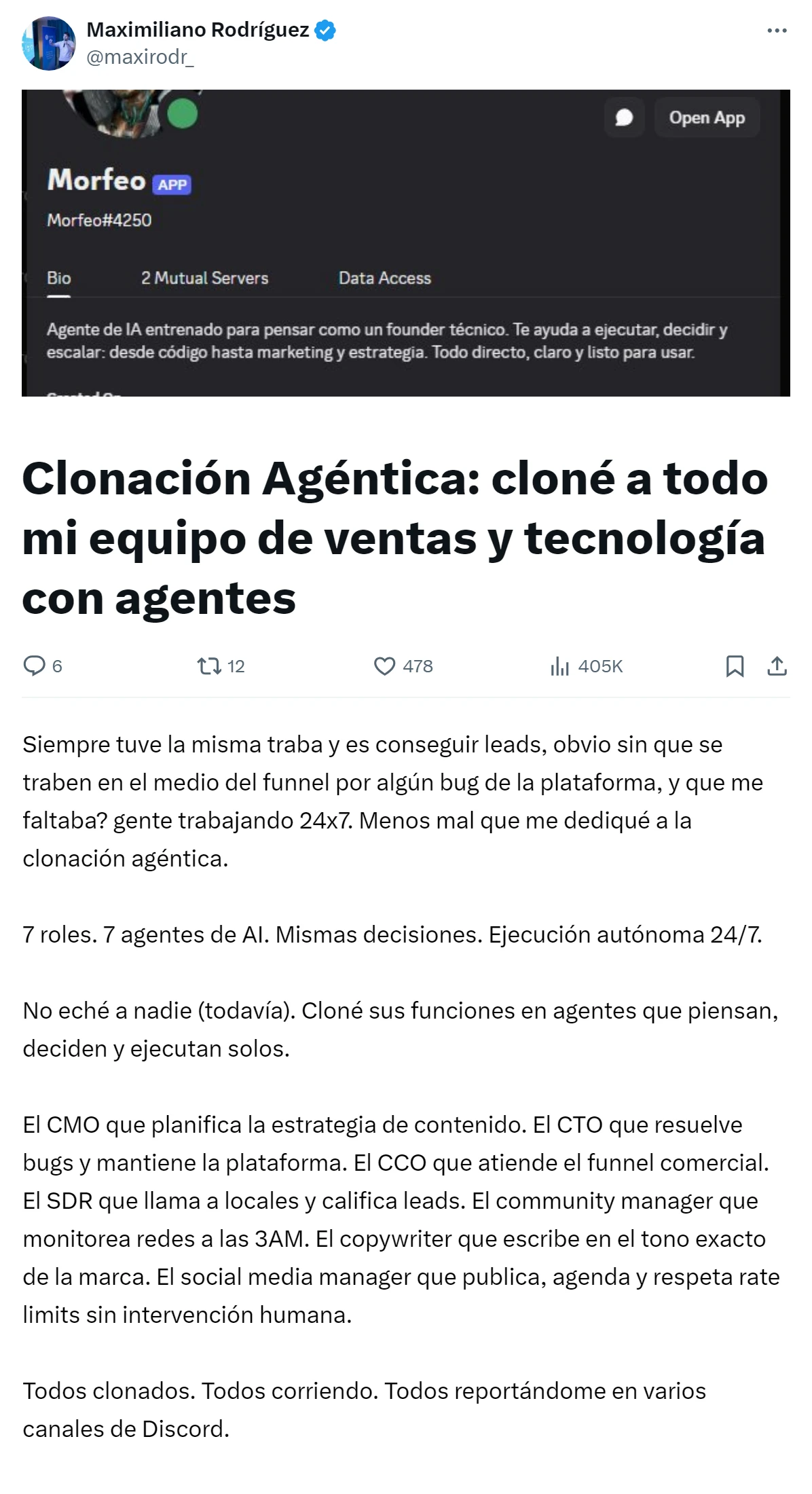 Captura del artículo fundacional de Clonación Agéntica en X